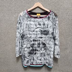 RUBY RD Women’s Gray Sheer Overlay Striped Underlayer Blouse Top Size L